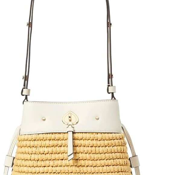 Kate Spade Marti Straw Mixed Media Small Bucket Bag Parchment Multi - Picture 2 of 14